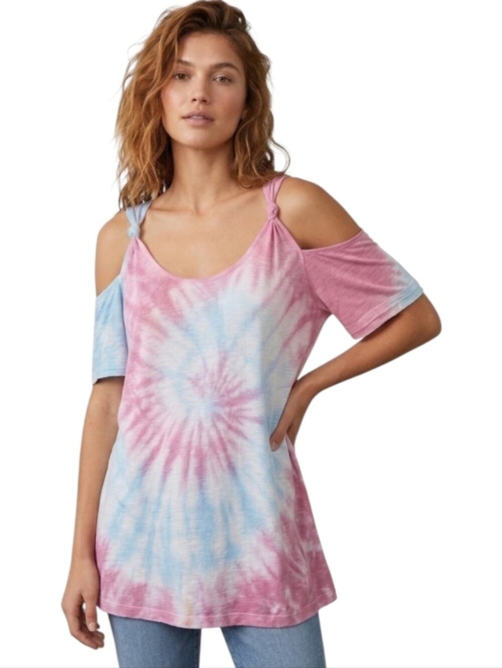 POL Pastel Tie-Dye Cold Shoulder Top in Pink & Blue